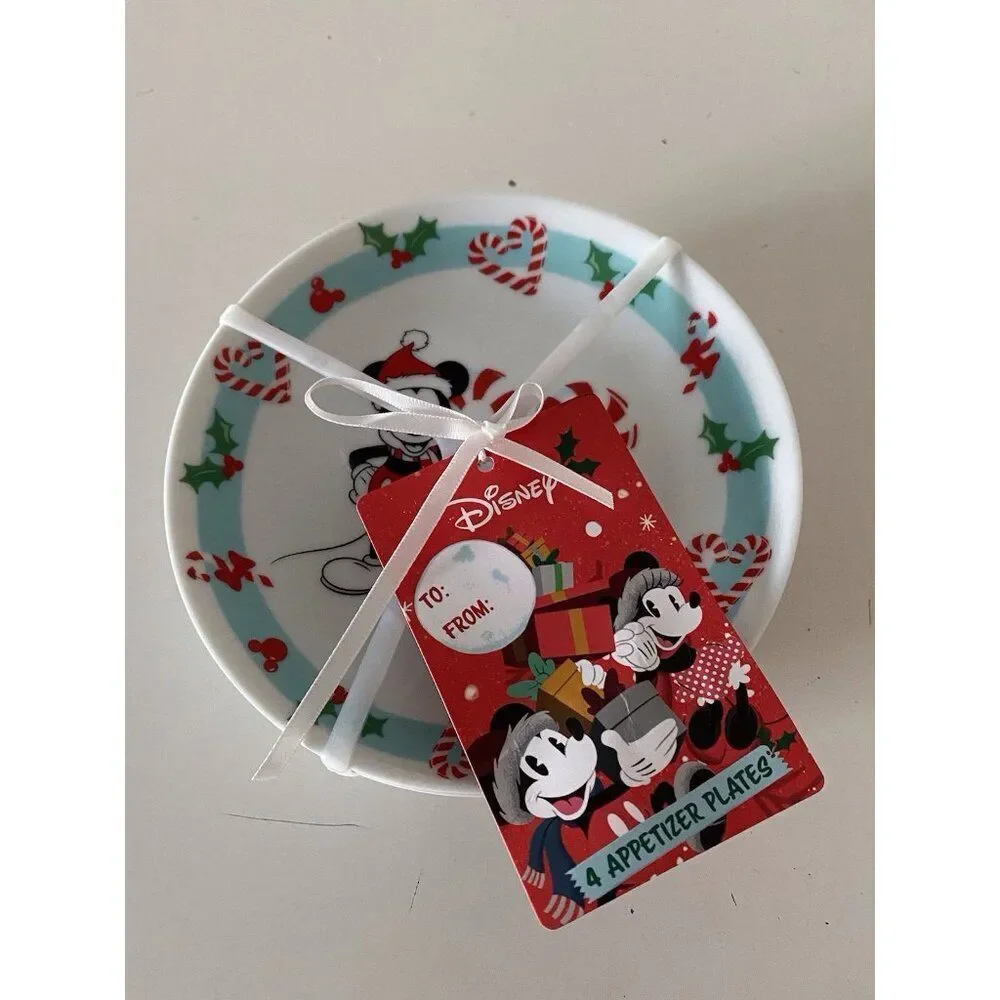 Set Of 4 Disney Mickey Minnie Goofy Pluto Christmas Holiday Appetizer Plates NEW
